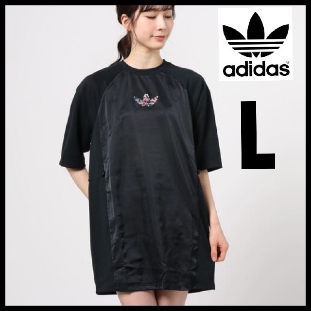 【花柄ストライプ】adidas★Tシャツワンピース★チュニック★ドレス★黒★L