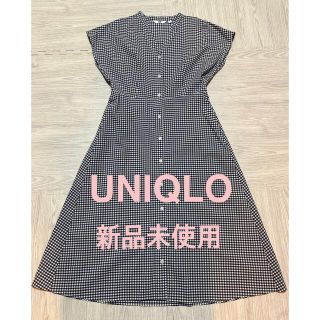 ユニクロ(UNIQLO)のUNIQLO ユニクロ レーヨンローンフレアワンピース 半袖 ネイビー Mサイズ(ロングワンピース/マキシワンピース)