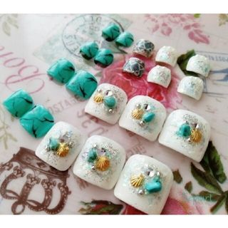 ネイルチップ☆ジェルネイル~付け爪☆フット　全サイズセット☆ターコイズ×シェル(ネイルチップ)