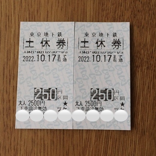 東京メトロ回数券（２５０円区間／土休券）２枚　(鉄道乗車券)