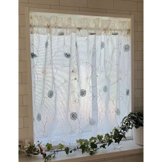 高級 刺繍 花柄 カフェカーテン (ブルー 横幅100cm×丈50cm)(のれん)