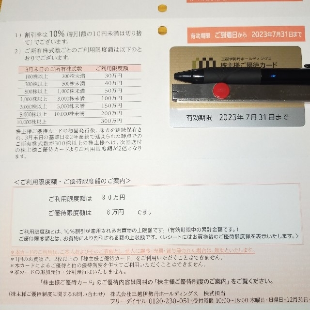 優待券/割引券三越伊勢丹 株主優待 利用限度額80万円