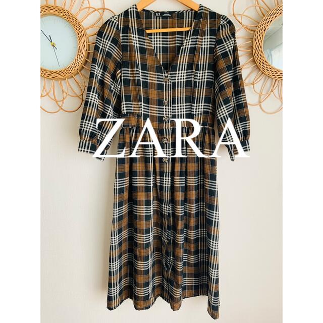 美品 (EUR)M ザラ ZARA チェック柄ワンピース ブラウン