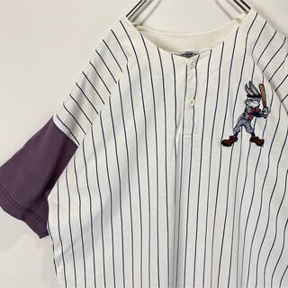 ルーニーテューンズ　ベースボールシャツ　ストライプ　ゆるだぼ　古着　半袖　L(Tシャツ/カットソー(半袖/袖なし))