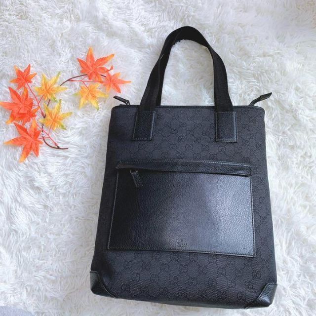 大得価 Gucci - GUCCI キャンバス レザー トートバッグ 黒 デニム シマ
