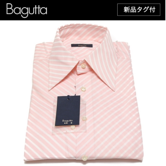 【新品】最高峰 BAGUTTA シャツ コットン ワイドカラー ストライプ柄 Pピンク系商品札