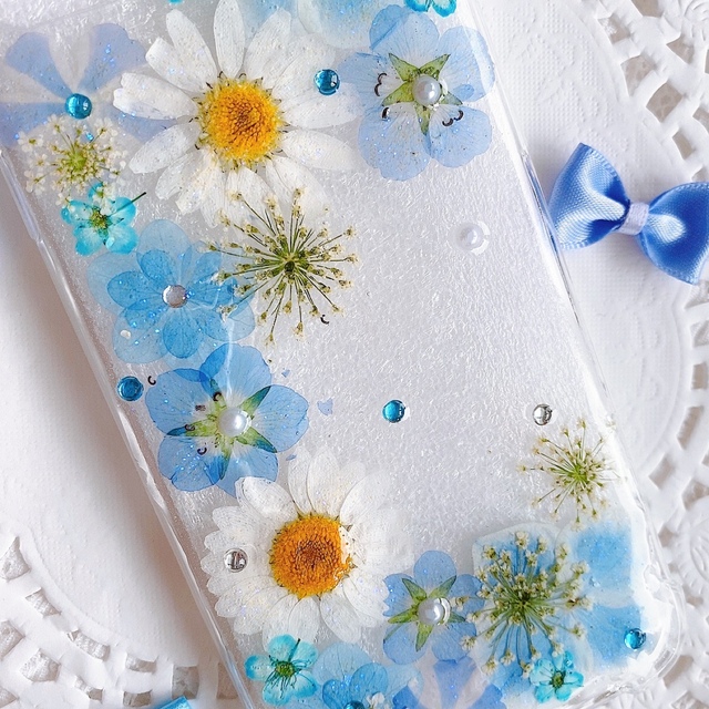全機種♡ブルーの押し花スマホケース♡スマホケース♡iPhoneケース♡の by flower princessꕤ*｡ﾟ｜ラクマ