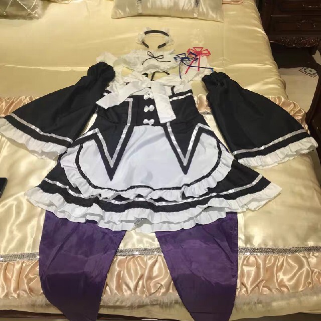 P⑤1 レディース コスプレ 衣装 エプロン レム ラム メイド服 黒 定番 エンタメ/ホビーのコスプレ(衣装一式)の商品写真