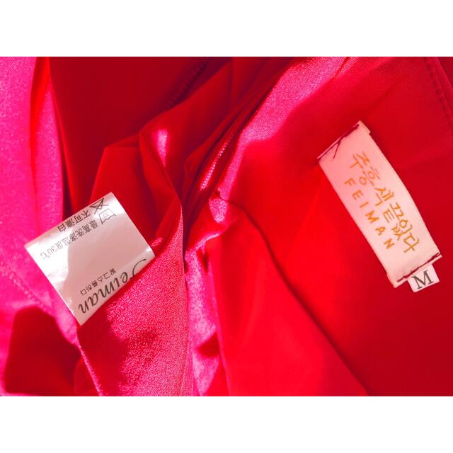 ワンショルダーワインレッドフリルフレアマーメイドミディアムロングドレス深紅赤 レディースのフォーマル/ドレス(ミディアムドレス)の商品写真