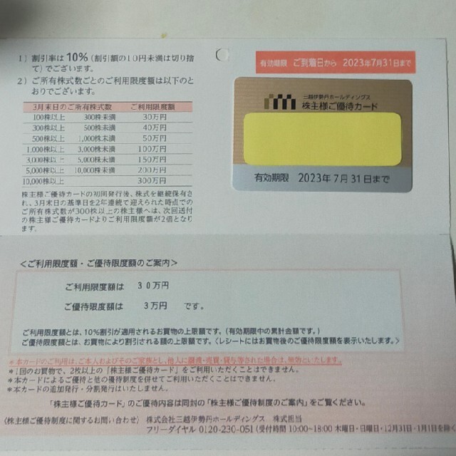 三越伊勢丹ホールディングス　株主優待カード　女性名義　優待限度額8万円