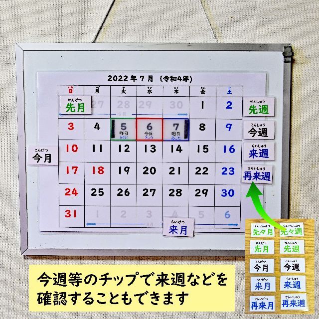 カレンダーの読み方学習セット　明日・今日・昨日　先週・今週・来週　先月・来月 キッズ/ベビー/マタニティのおもちゃ(知育玩具)の商品写真