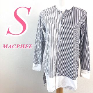 マカフィー(MACPHEE)のMACPHEE　マカフィー　長袖ノーカラーシャツ　ブルー　ストライプ　チュニック(シャツ/ブラウス(長袖/七分))