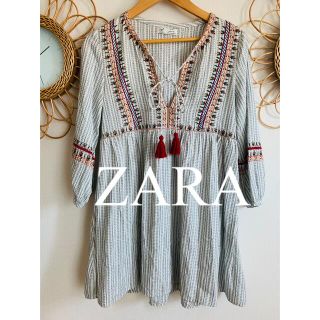 ザラ(ZARA)の美品　ZARA ザラ　ワンピース　刺繍　タッセル　リネン　ストライプ　人気　完売(ひざ丈ワンピース)