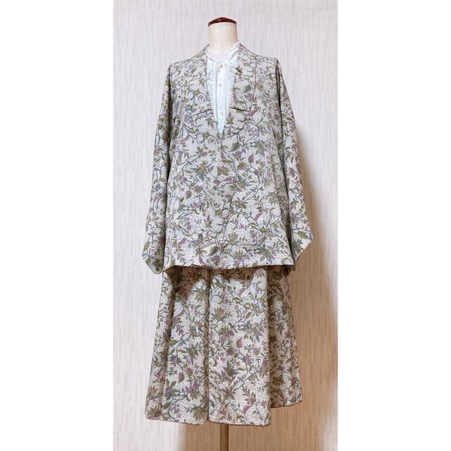 展示品◇着物リメイク◇ セットアップ グレー系 総柄 ゴムベルト 展示品◇着物リメイク◇ セットアップ グレー系 総柄 ゴムベルト