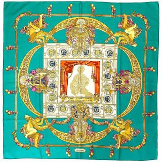 希少柄!HERMES エルメス スカーフ パリの紋章 アイボリー グリーン