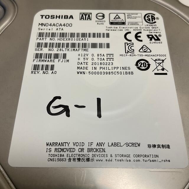 送料込東芝MN04ACA400内蔵HDD4TB(4000GB)7200rpm 1