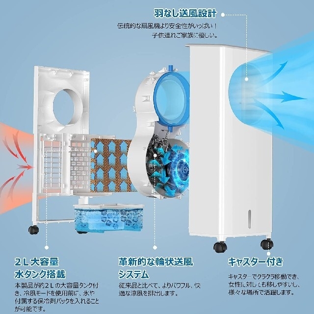 羽根なし設計】冷風機 強力 人気 冷風扇 3段階風量 氷入れ 首振り 風向 ...