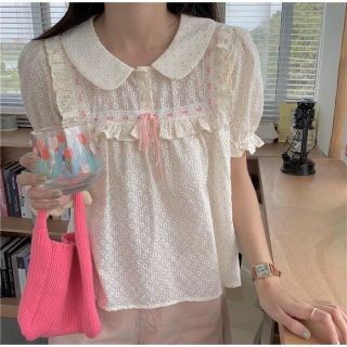 スワンキス(Swankiss)のpink line collar flower pattern tops(シャツ/ブラウス(半袖/袖なし))