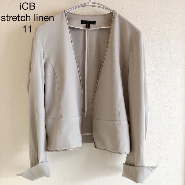 ICB - 381アイシービーiCBストレッチリネン ノーカラージャケット11L麻