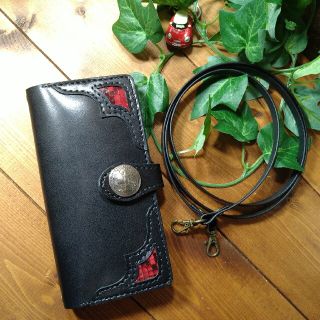栃木レザー - 本革黒ショルダー 4ポケット スマホケース/赤 ...