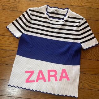 ザラ(ZARA)の★ZARA★ボーダー Tシャツ　ニット　ブルー(Tシャツ/カットソー(半袖/袖なし))