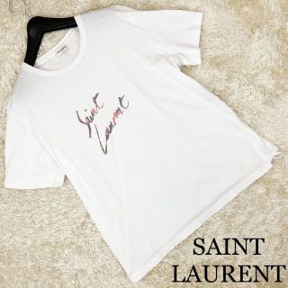 サンローラン(Saint Laurent)の美品 サンローランパリ ホワイト半袖Tシャツ 裾ダメージ加工 正面ロゴ筆記体(Tシャツ/カットソー(半袖/袖なし))