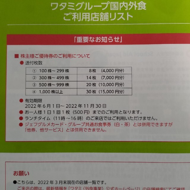 アークランドサービス かつや 株主優待券 5,500円分 と ワタミ 500円分