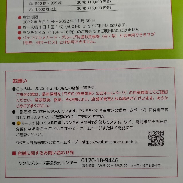 アークランドサービス かつや 株主優待券 5,500円分 と ワタミ 500円分