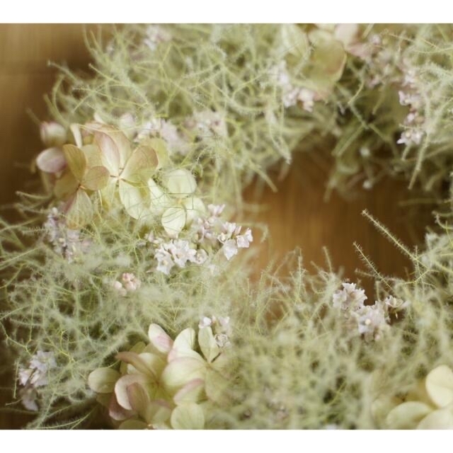 スモークツリーと水無月あじさいのリース ハンドメイドのフラワー/ガーデン(リース)の商品写真