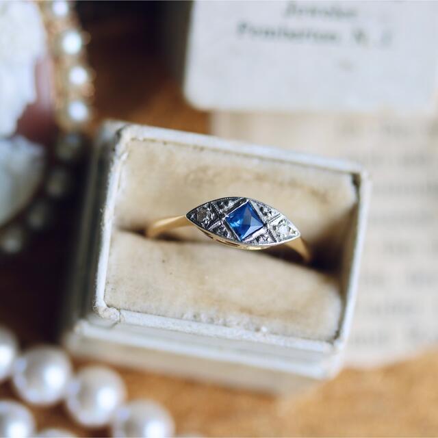 18金製 英国 天然サファイア ダイヤモンド イービルアイ アールデコリング レディースのアクセサリー(リング(指輪))の商品写真