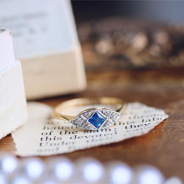18金製 英国 天然サファイア ダイヤモンド イービルアイ アールデコリング レディースのアクセサリー(リング(指輪))の商品写真