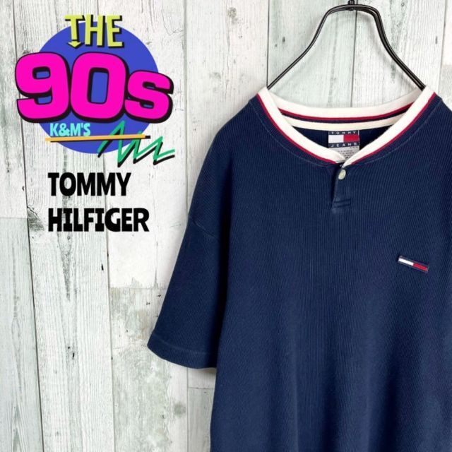 90's トミーヒルフィガージーンズ　フラッグロゴ刺繍　VネックTシャツ