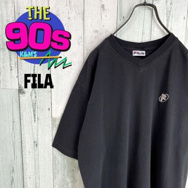 90's FILA フィラ　ロゴ刺繍　ビッグサイズ　VネックTシャツ