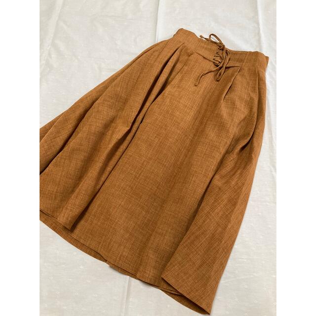 テラコッタカラー　麻調　編み上げフレアスカート レディースのスカート(ロングスカート)の商品写真