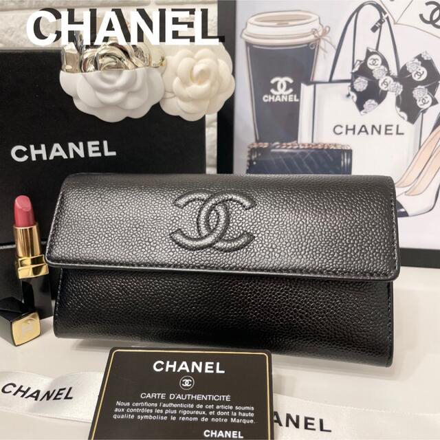 CHANELカメリアラムスキンブラックフラップ長財布