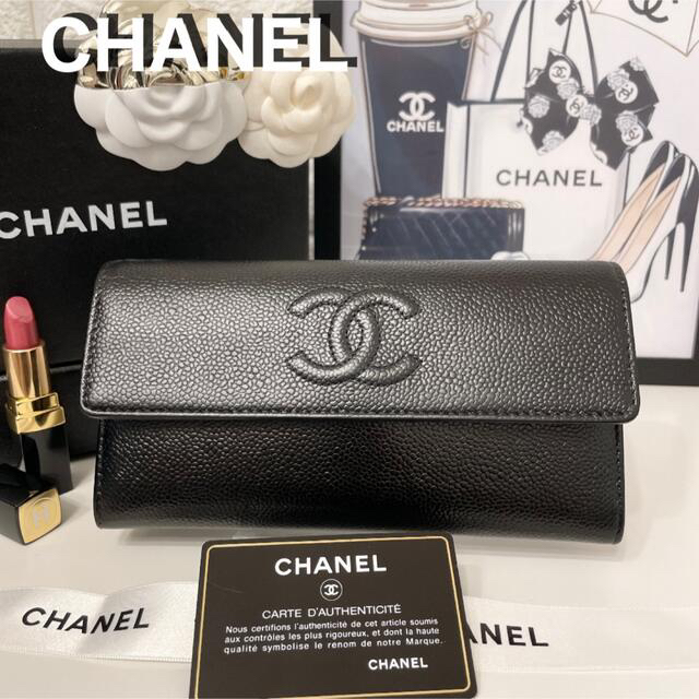 CHANEL 二つ折り財布 デカココ ブラック キャビアスキン