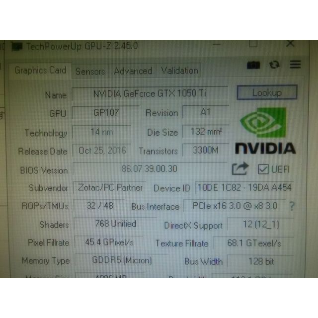 ZOTAC　Geforce　GTX1050 Ti　4GB 　正常 / 静音