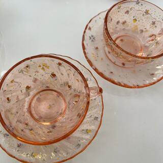 ガラス製 デミタスカップル 2客セット 小花柄 ピンク(食器)
