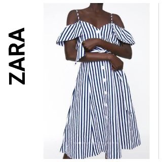 ザラ(ZARA)のZARA  オフショル　ストライプワンピース　リネン　ネイビー(ひざ丈ワンピース)