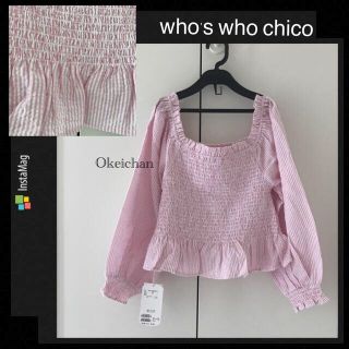 フーズフーチコ(who's who Chico)のリピ ココナッツさん専用☆ストライプ柄シャーリングオフショルブラウス　ピンク(シャツ/ブラウス(半袖/袖なし))