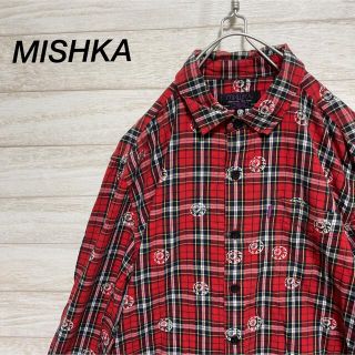 ミシカ(MISHKA)のMISHKA チェックシャツ 目玉 総柄 個性派 赤 レッド ストリート パンク(シャツ)