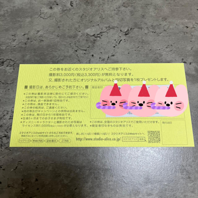 【値下げ中】スタジオアリス撮影券 チケットの優待券/割引券(その他)の商品写真