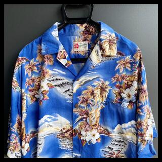 【着画有り】 ハワイ製　Hawaiian アロハシャツ  開襟　ブルー(シャツ)