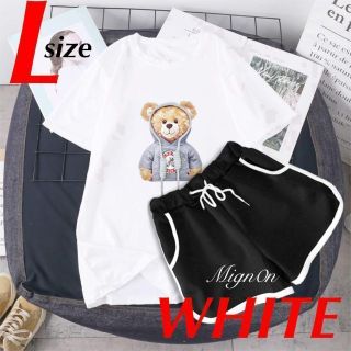 パジャマ《L ホワイト》Tシャツ 2点セット セットアップ ルームウェア くま(パジャマ)