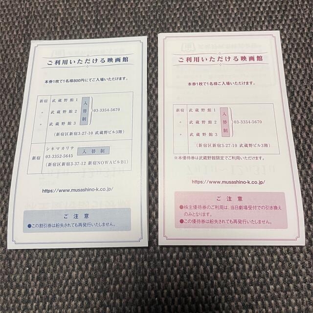 ⭐︎最新⭐︎2022年12月末有効 武蔵野興業　株主優待券&株主優待割引券 チケットの映画(その他)の商品写真