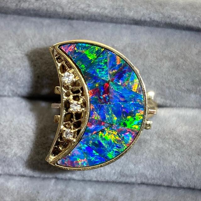 k18 天然 ボルダー オパール 天然 ダイヤモンド リング ダイヤ レディースのアクセサリー(リング(指輪))の商品写真
