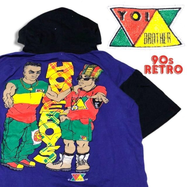 CROSS COLOURS(クロスカラーズ)の90s YO! Brother フード付き Tシャツ パープル XL B系 メンズのトップス(Tシャツ/カットソー(半袖/袖なし))の商品写真