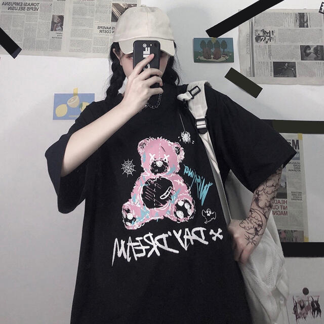 くま ベア 半袖 Tシャツ 病みかわ ゴスロリ 地雷系 原宿 ブラック 黒