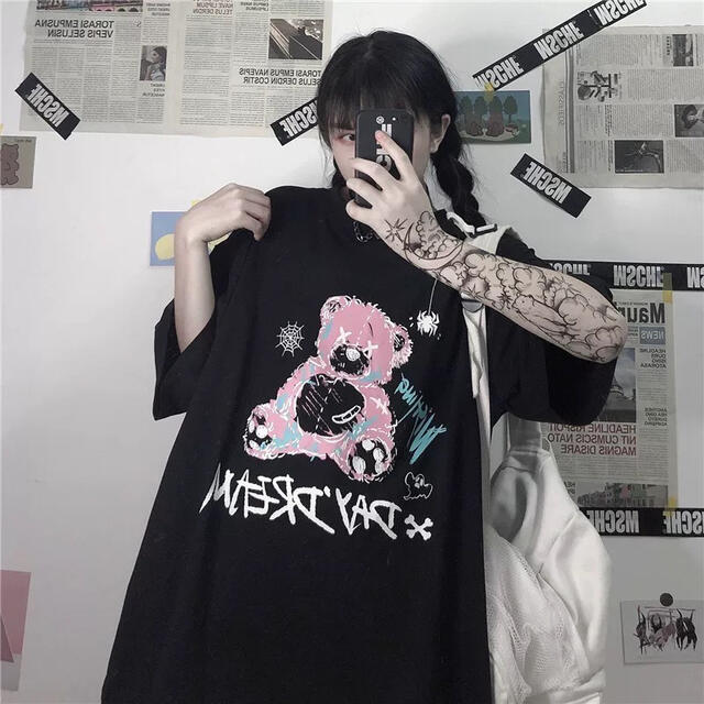 くま ベア 半袖 Tシャツ 病みかわ ゴスロリ 地雷系 原宿 ブラック 黒