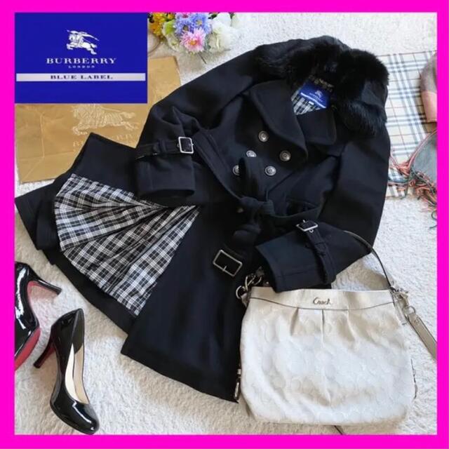 BURBERRY BLUE LABEL(バーバリーブルーレーベル)の★ノバチェック♪【美品】バーバリーブルーレーベル★ファー付 ウール コート 36 レディースのジャケット/アウター(ロングコート)の商品写真